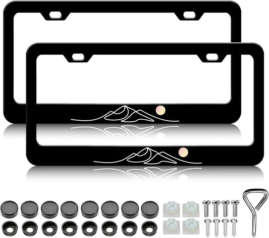 Moon Mountain License Plate Frames - 2 Pack Black Mountain Stainless Steel License Plate Holder,Rust-Proof Waterproof Car Decorative Tag Frame with Screws Fasteners Caps