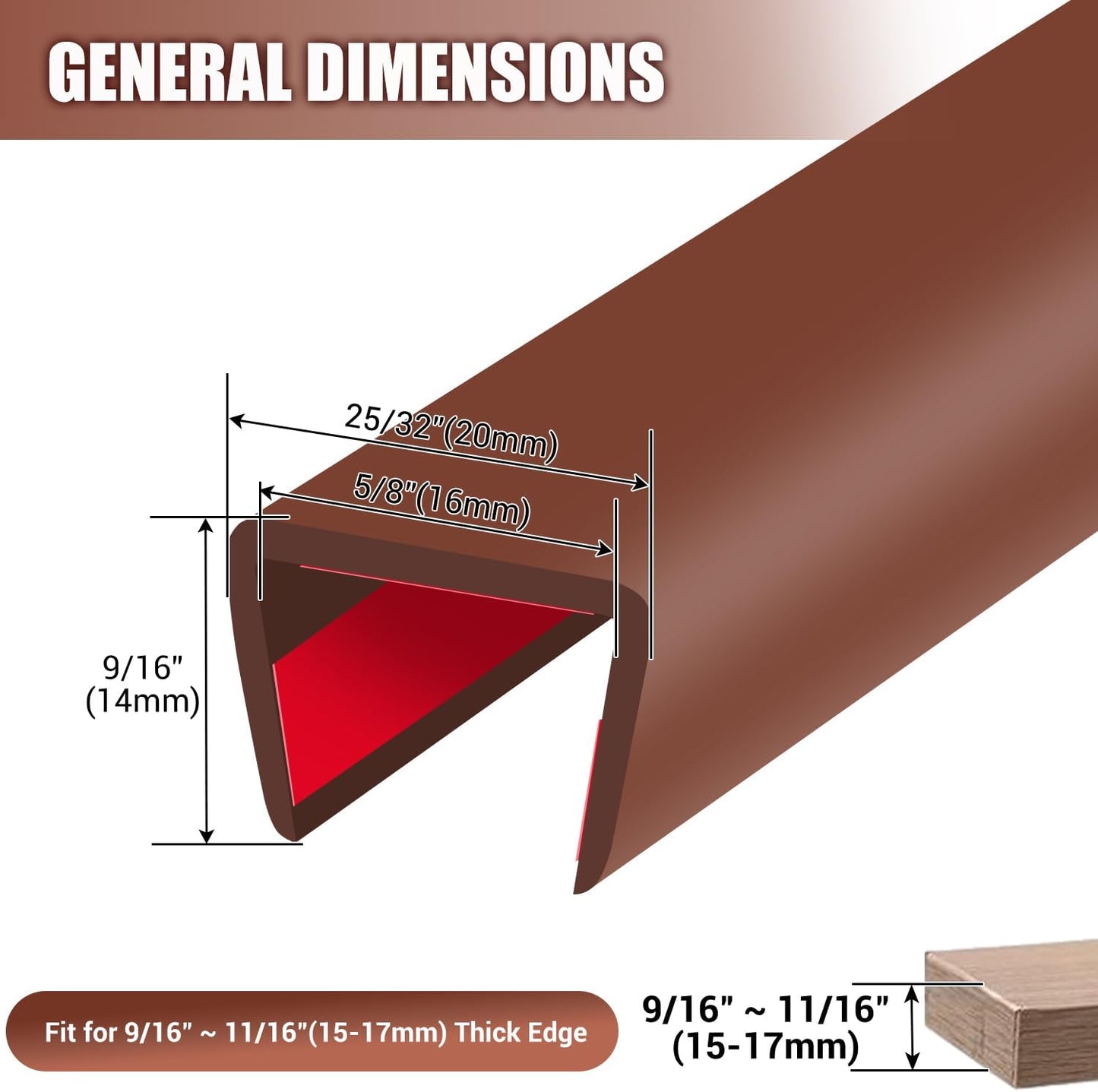 Rubber Edge Trim, Flexible Edge Banding, 5/8"(16mm) U Channel Furniture Edge Protector, Self Adhesive Edge Guards for Plywood, Wood, Glass Parts, 20Ft, Brown Color