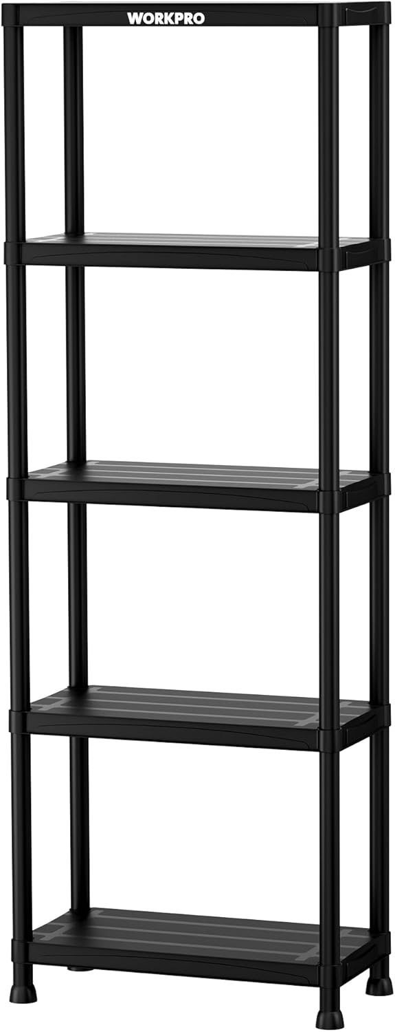WORKPRO 5-Tier Plastic Storage Shelves, 500lb Capacity Shelving Unit, 67.1" H x 23.9" W x 12" D, Storage Rack for Garage, Home, Pantry, Office, Laundry, Tool-Free Assembly, Black
