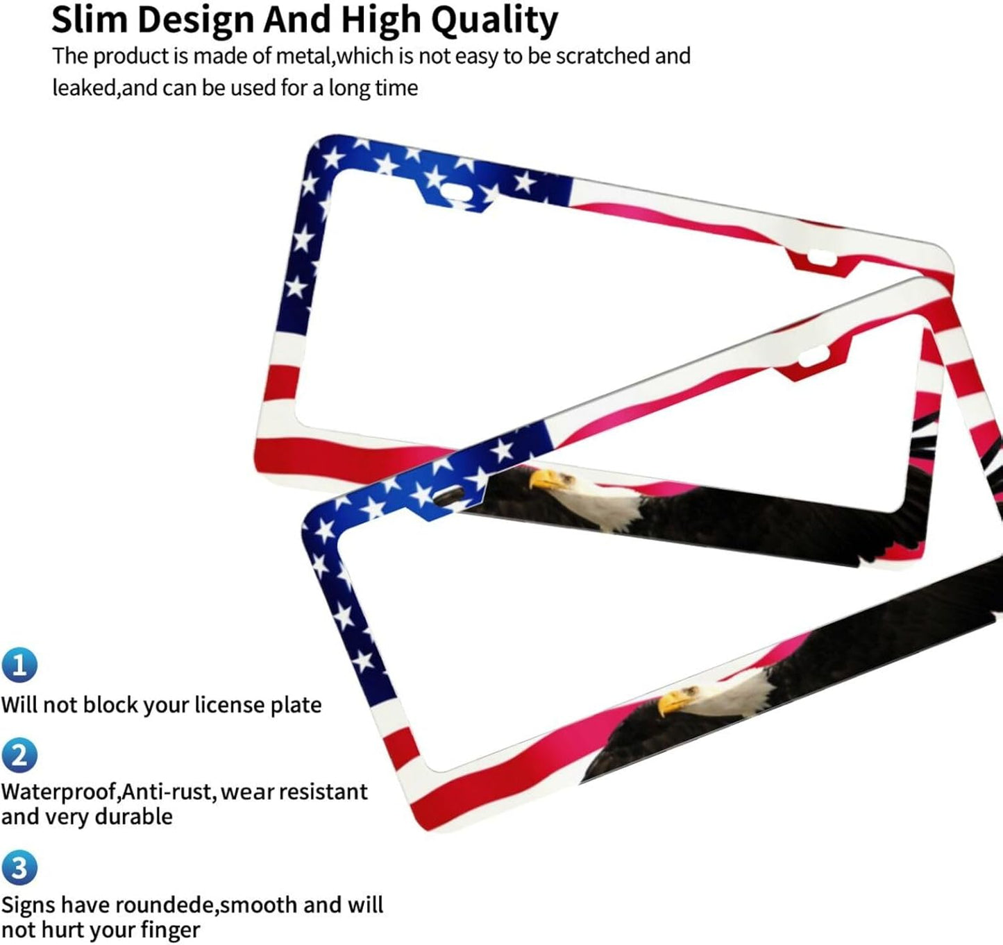 American Flag License Plate Frame American Flag License Plate Holder American Flag Eagle License Plate Frame Covers US Car Tag Frame Stainless Aluminum 2 Pack 2 Holes Decorative 2 Pcs Set for Men