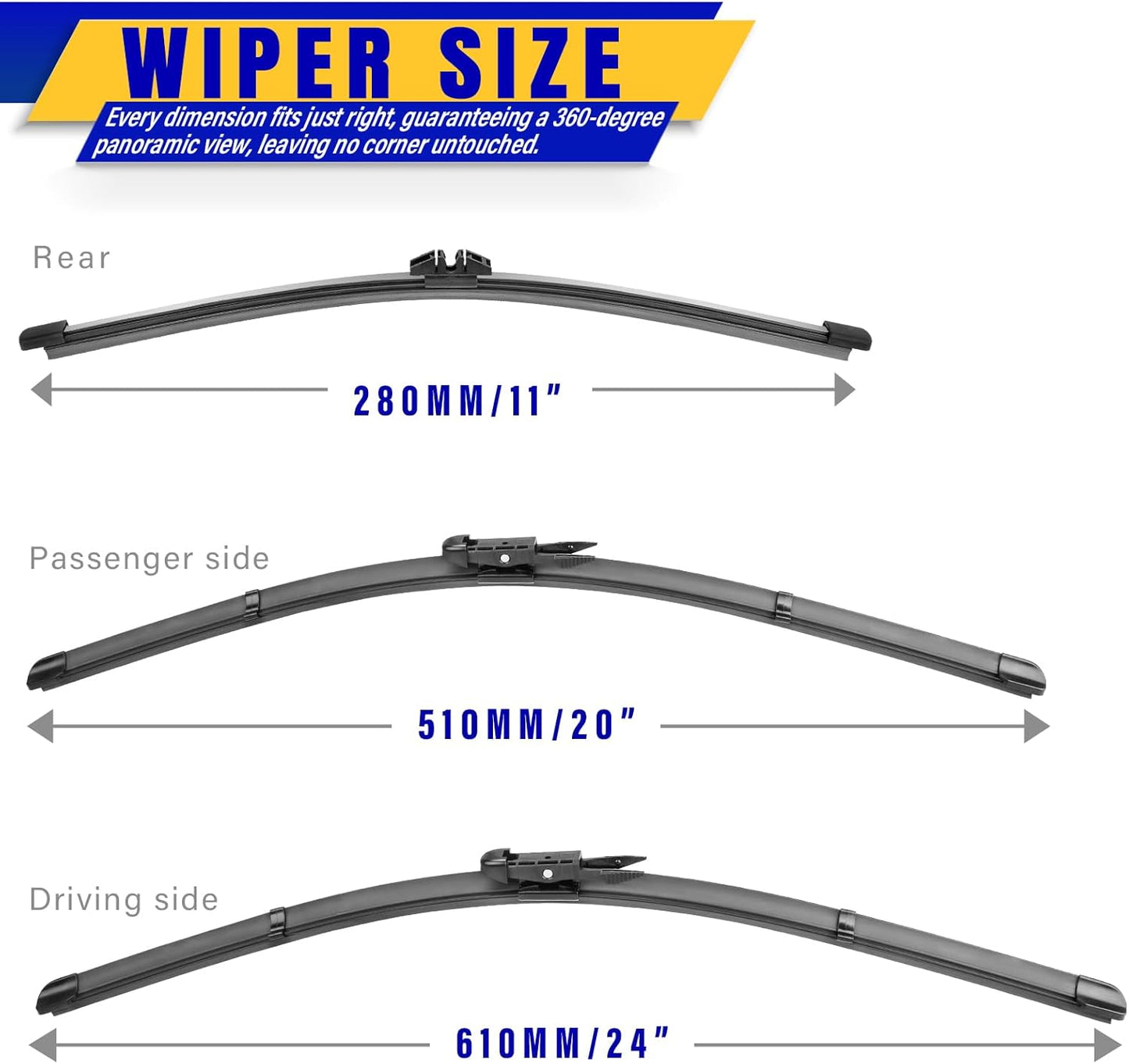 3 wipers Replacement for 2020-2023 Ford Escape, Windshield Wiper Blades Original Equipment Replacement - 24"/20"/11" (Set of 3) Pinch Tap
