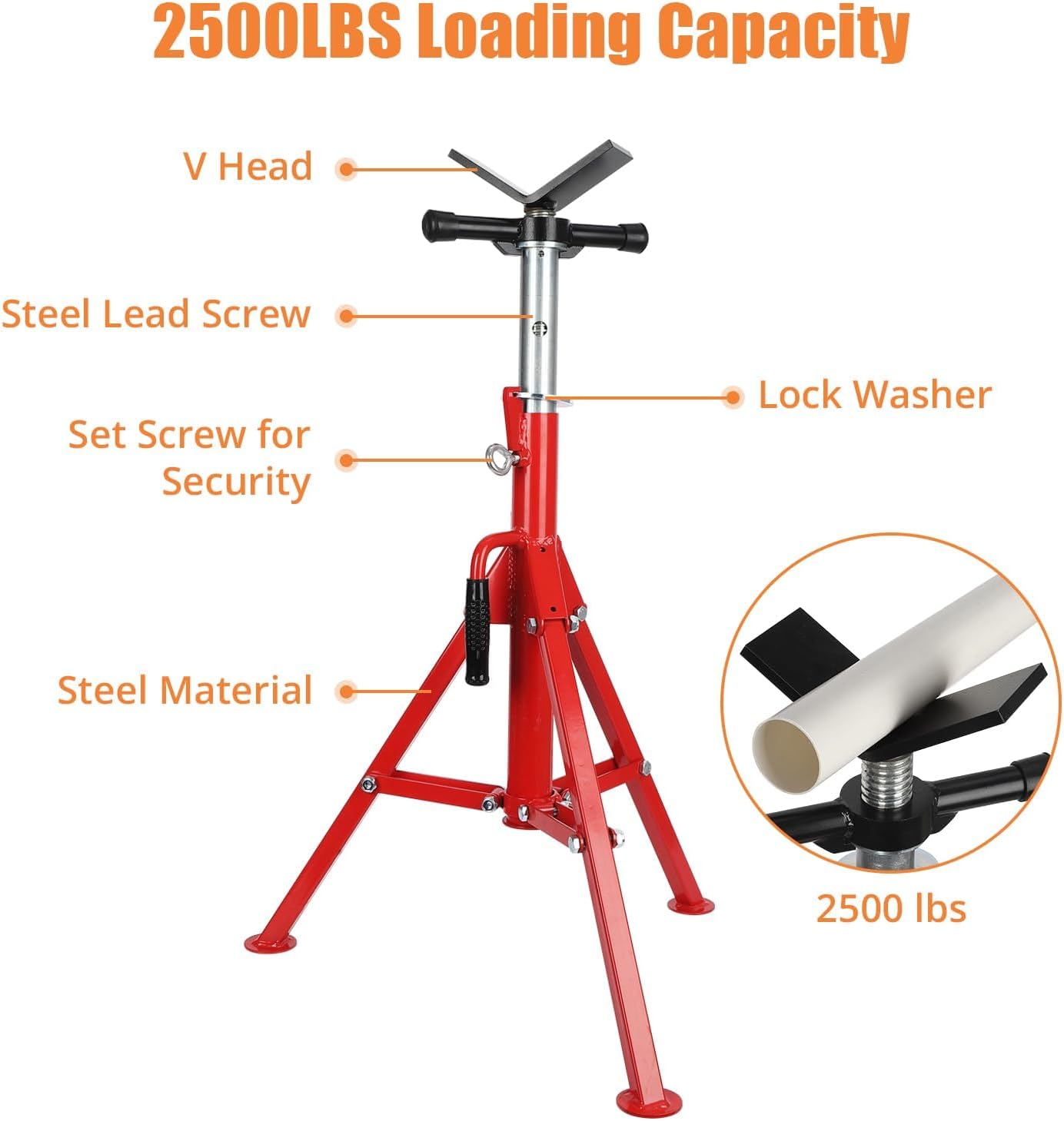 V-Head Pipe Jack Stand, 2500 Lbs Heavy-Duty Steel Pipe Stand with Adjustable Height 28"-52", Folding Design & Secure V-Head Support for Welding, Automotive & Construction Projects, Red