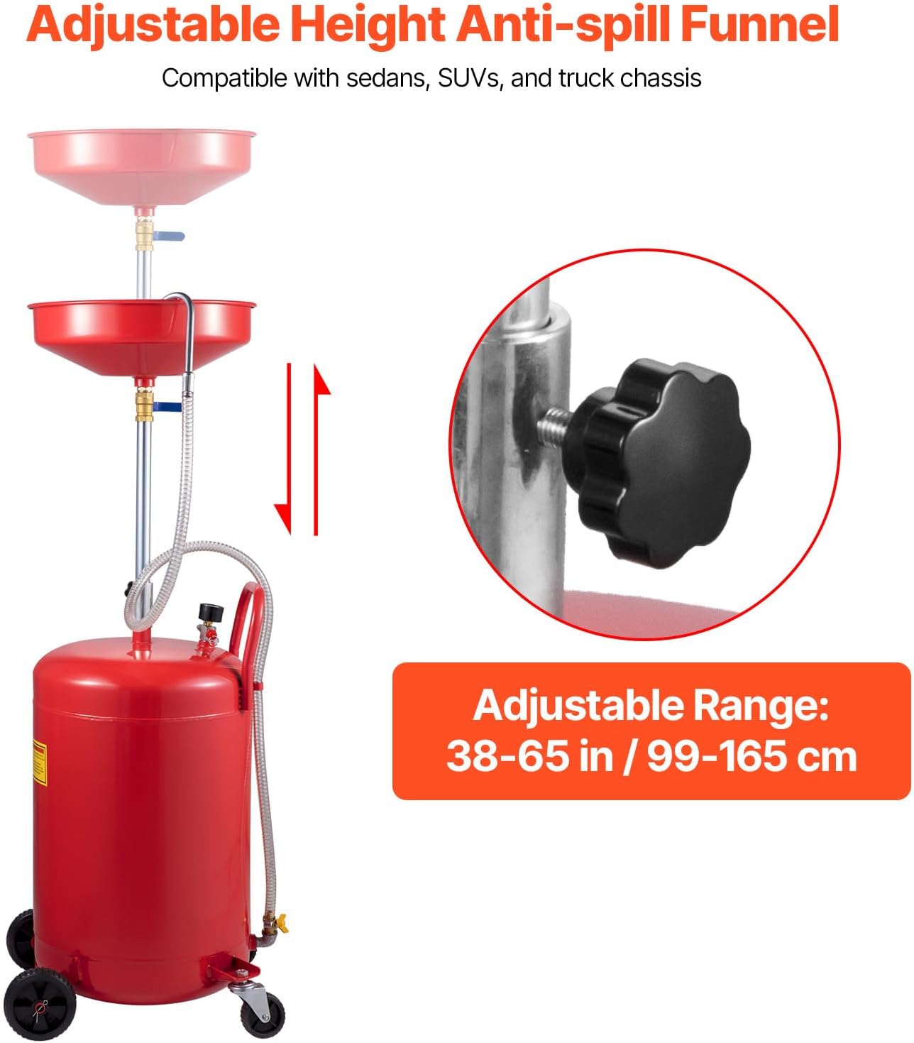 VEVOR 20-Gallon Waste Oil Drain Tank, Air Operated Portable Oil Drainer with Adjustable Funnel Height, Fluid Fuel Transfer Drainage with Wheels, Oil Change Container for Auto Repair Shops, Garages