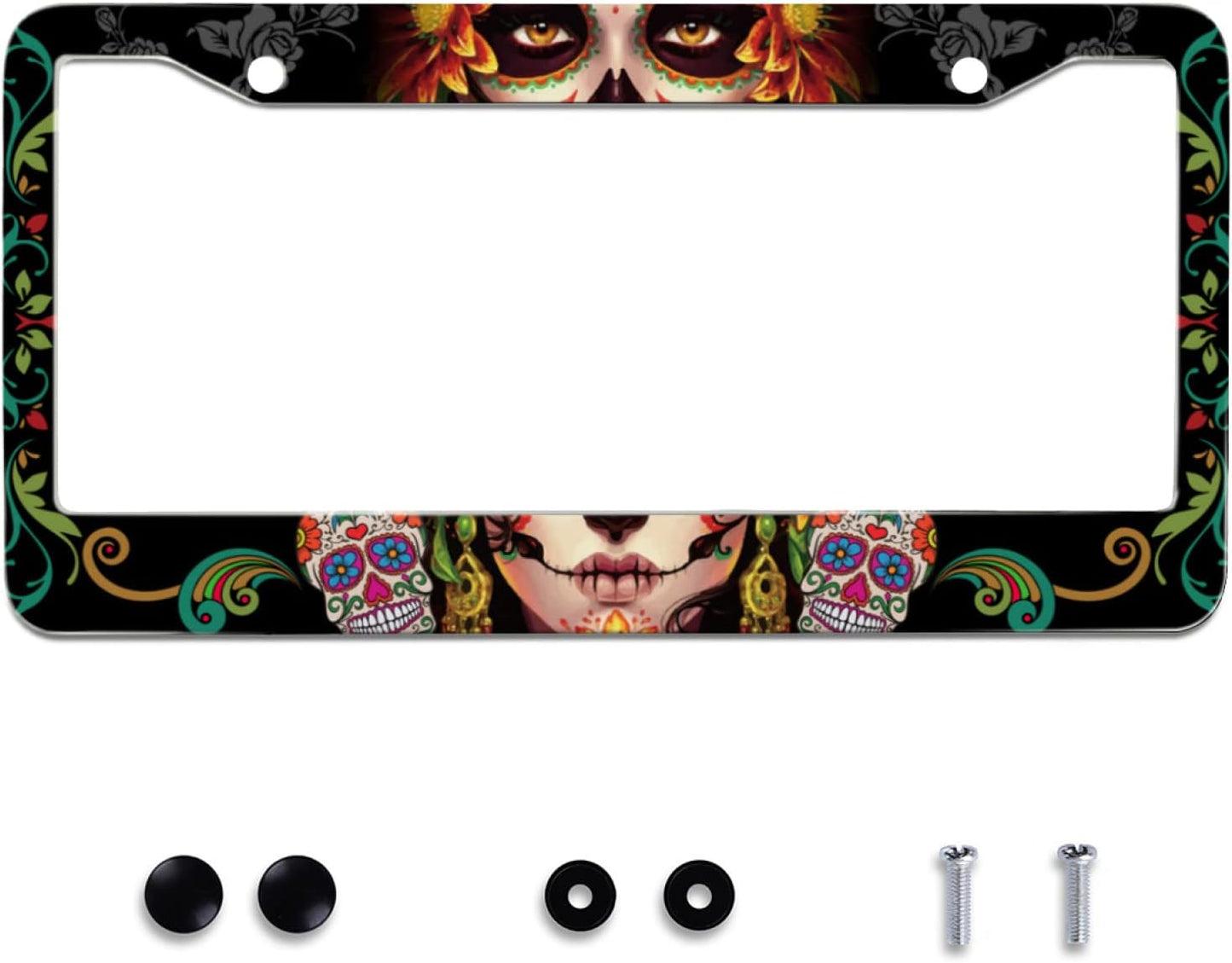 Personalise Sugar Skull Retro License Plate Frame Colorful Candy Skulls License Plate Car Universal Stainless Steel Accessories Cars Decor 2 Holes Screws Fits Standard US Vehicles Size 12.2 x 6 Inch