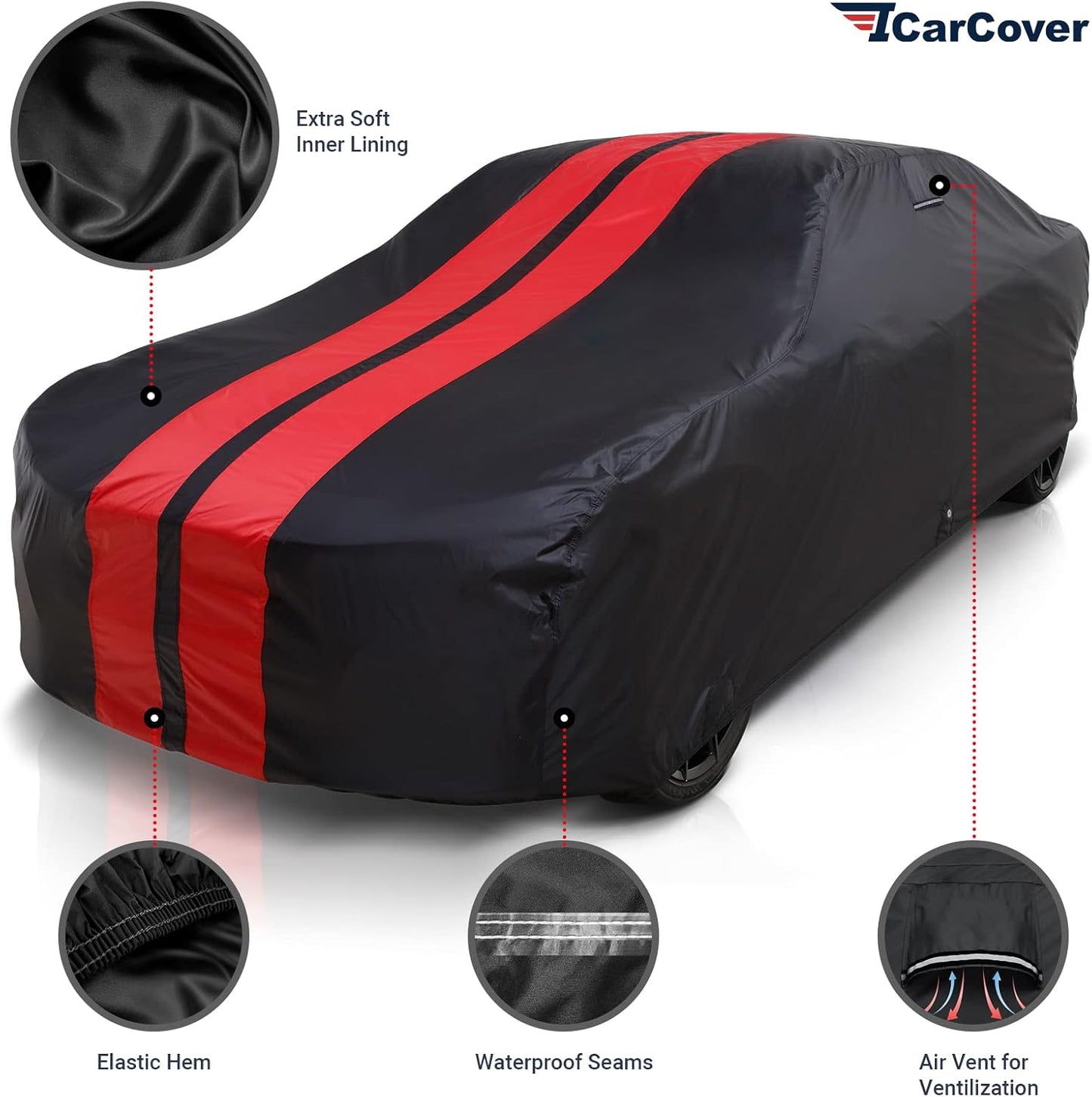 iCarCover Custom Car Cover for 1974-1981 Chevy Camaro Z28, Type LT Waterproof All Weather Rain Snow UV Sun Protector Full Exterior Indoor Outdoor Car Cover (Stripe - Black/Red)