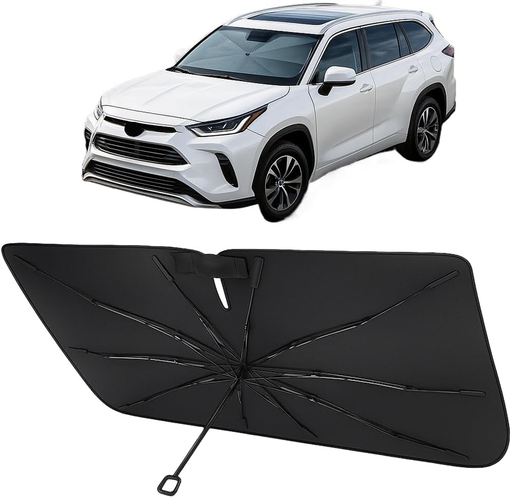 Proadsy Windshield Sun Shade Umbrella for Toyota Grand Highlander 2020-2026 Foldable Car Umbrella Sunshade with Soft TPU Handle Spring Structure Crystal Cooling Material Protect Car from Rays & Heat