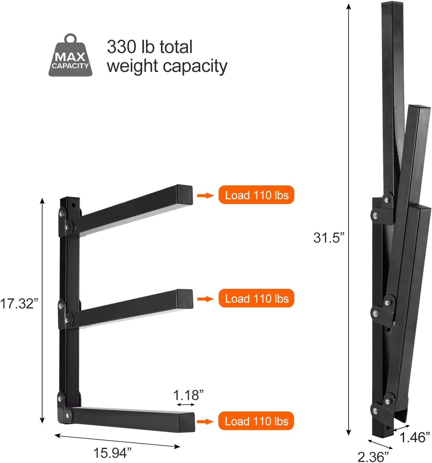 Ultrawall Wall Mount Wood Organizer and Lumber Storage Metal Rack for Shed, Workshop, Garage with 3-Level (Black-4 Pack)