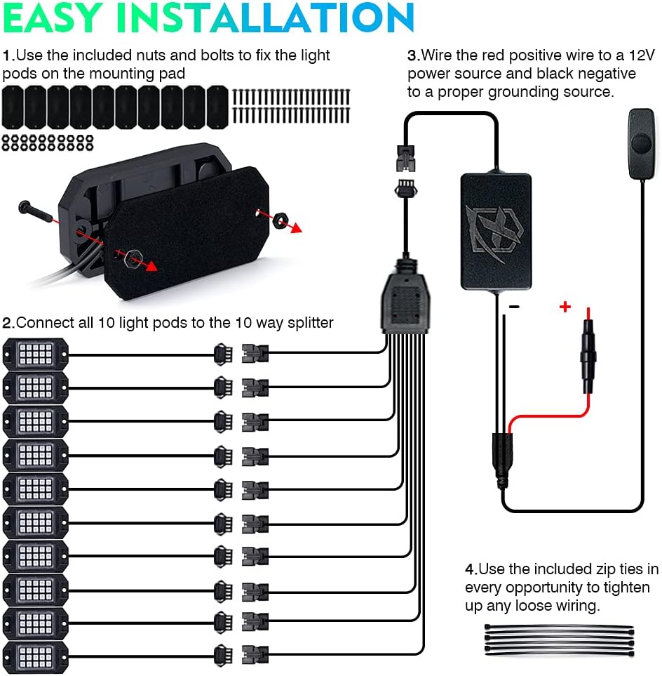 Xprite Bluetooth RGB LED Rock Lights Kit, Multicolor Neon Accent Music Flashing Lighting Underglow Kits with RF Controller for Off-Road, Trucks, Cars, UTV, ATV, SUV, RZR, Motorcycles, Boats - 10 PCS