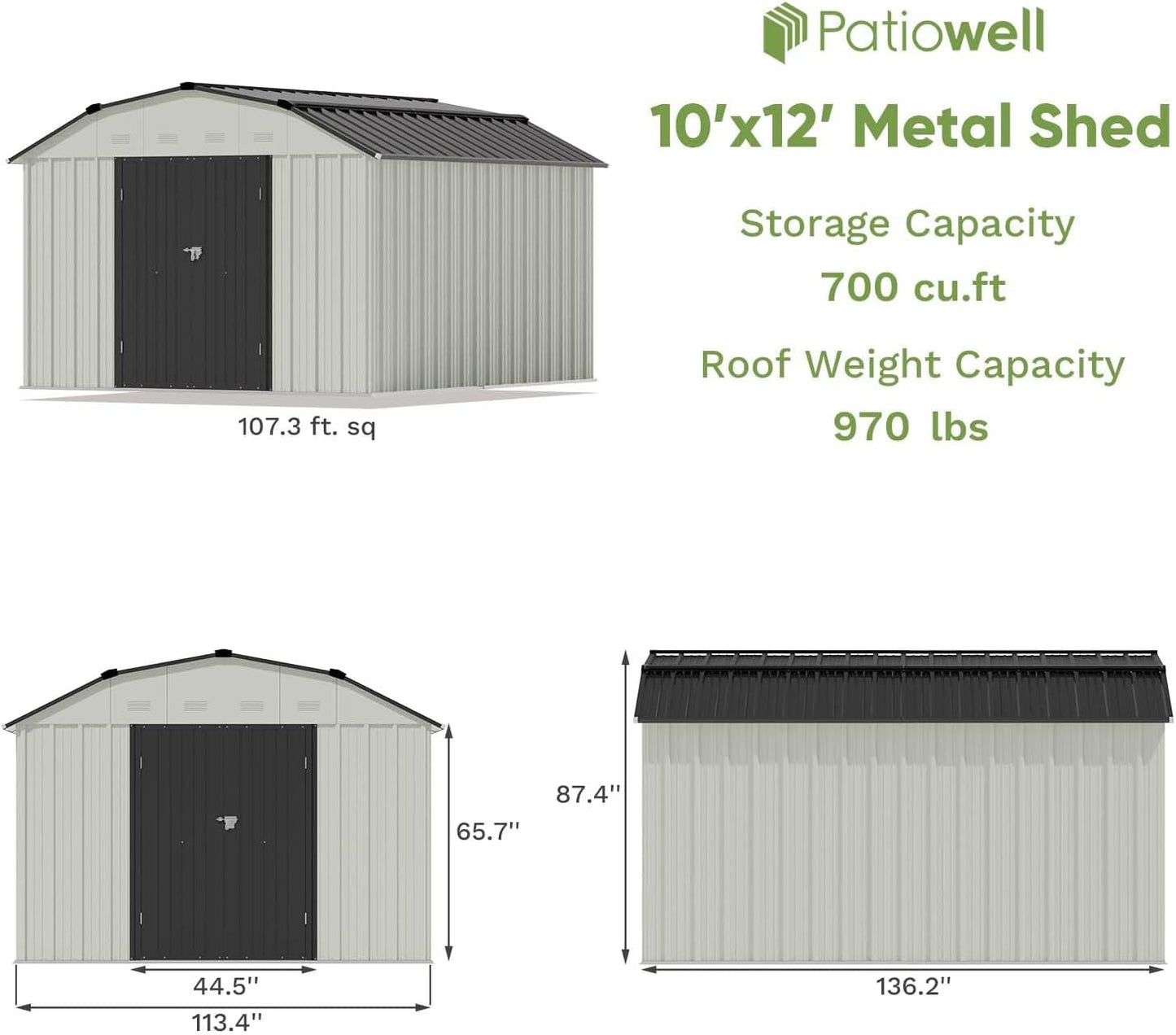 Patiowell 10 X 12 FT Barn Style Metal Storage Shed for Outdoor, Steel Yard Shed with Design of Lockable Doors, Utility and Tool Storage for Garden, Backyard, Patio, Outside Use
