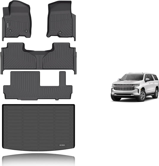 KELCSEECS® Floor Mats & Cargo Liner Custom for 2021-2025 Chevy/Chevrolet Suburban & GMC Yukon XL 8 Seats Bench Seats All Weather Protection TPE Floor Liners Full Set Chevy Suburban Accessories Black