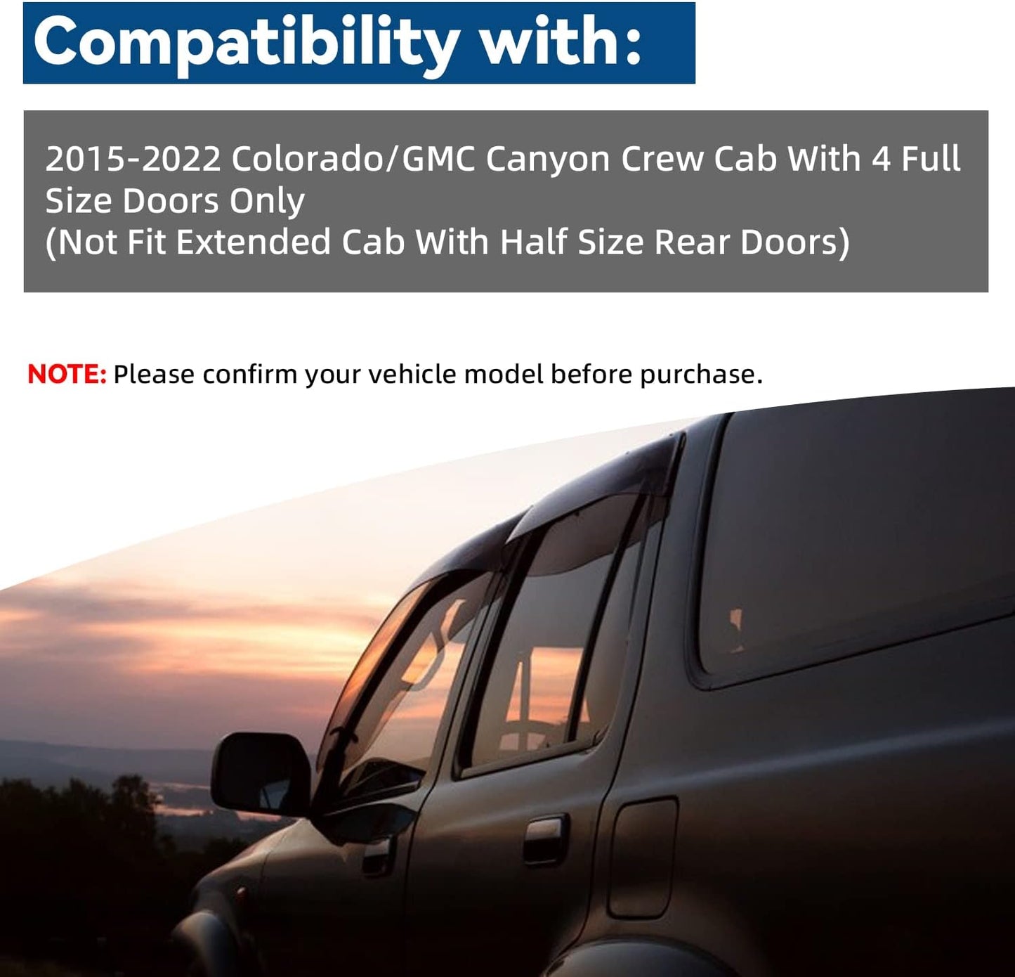 Window Visors Compatible with 2015-2022 Chevy Colorado/GMC Canyon Crew Cab with 4 Full Size Doors Front+Rear Smoke Tint Sun/Rain Guard Outside Mount Tape-On Vent 4pcs