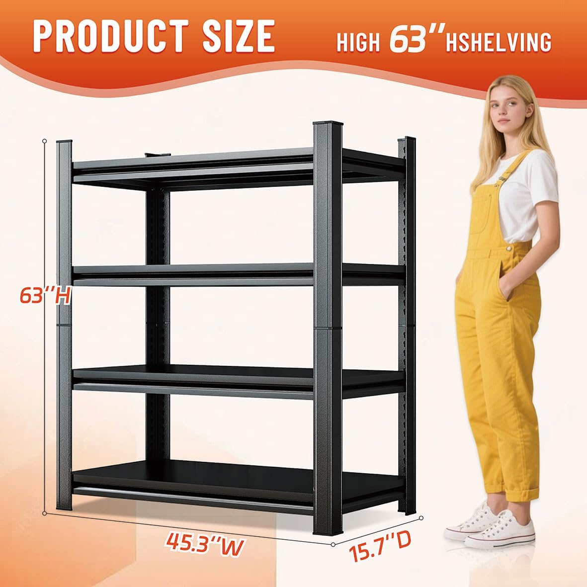 63''H Heavy Duty Metal Shelving Unit, 2000 lbs Total Capacity, Dual-Layer Column, Tool-Free Assembly, All-Steel Construction for Garage, Warehouse, Basement,45.3''W x 15.7''D x 63" H