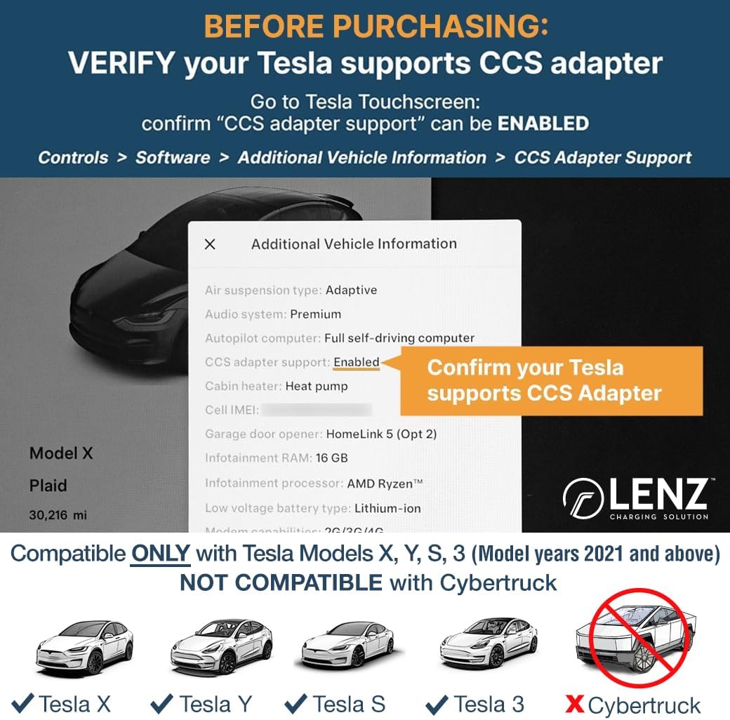 LENZ CCS1 to Tesla EV Charging Adapter – for 2021+ Tesla Models ONLY (Not for Cybertruck) – Connect to Public DC Level 3 Fast Chargers Up to 250 kW