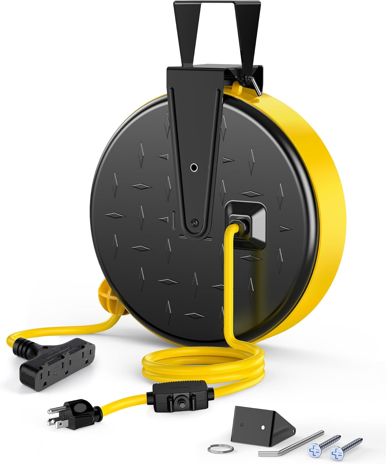 DEWENWILS 30 Ft Retractable Extension Cord Reel, Ceiling/Wall Mount 16/3 Gauge SJTW Power Cord with 3 Electrical Outlets Pigtail for Garage and Shop, 10 Amp Circuit Breaker, Metal Plate, UL Listed