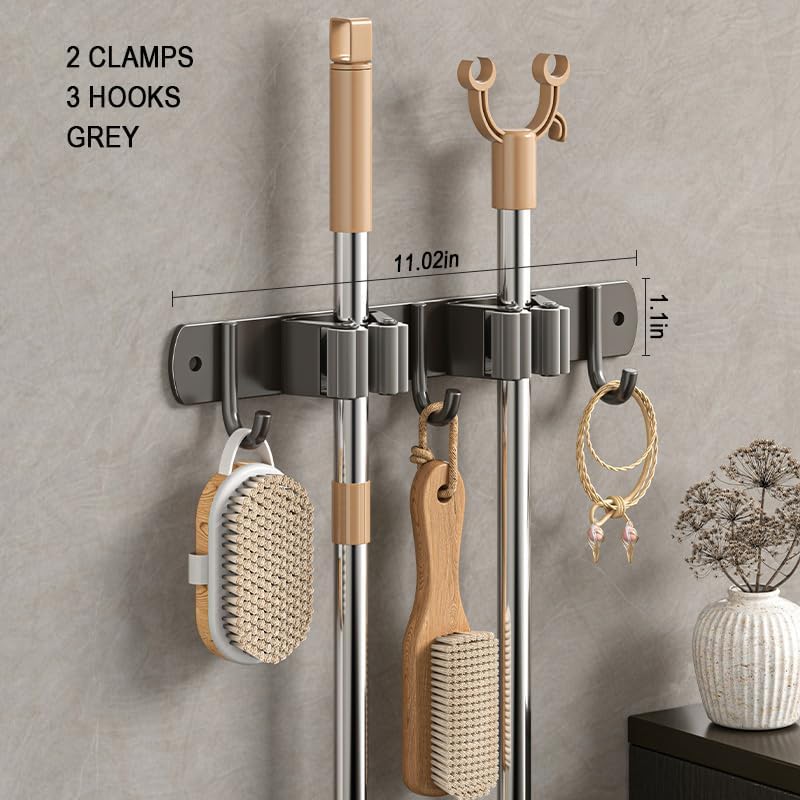 Amouy Broom Holder Wall Mount Mop(2 Racks with 3 Hooks),Garden Tool Storage Tool Rack Storage & Organization for the Home Plastic Hanger for Closet Garage Organizer