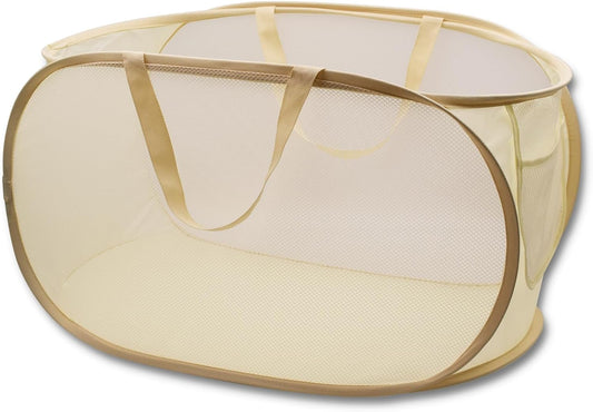 HONOMA Sturdy Mesh Laundry Hamper Basket Bag,Pop up Basket with Side Pocket for Laundry Room, Bathroom, Kids Room, College Dorm or Travel (Pop Horizontal, Beige)