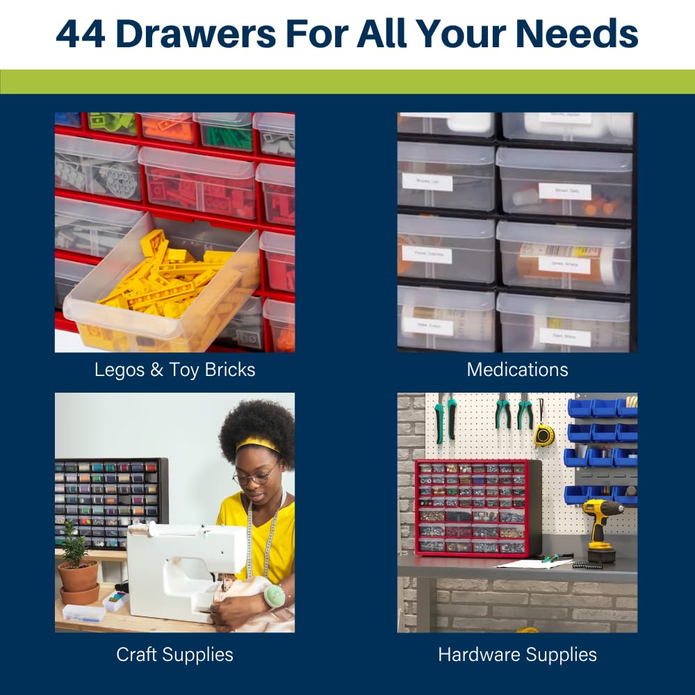 Akro-Mils 44-Drawer Plastic Drawer Storage Cabinet for Garage Organization, Bead Organizer, Building Bricks Storage, Teacher Toolbox, Makeup Organizer, 20-Inch W x 6-Inch D x 16-Inch H, 10144 Black