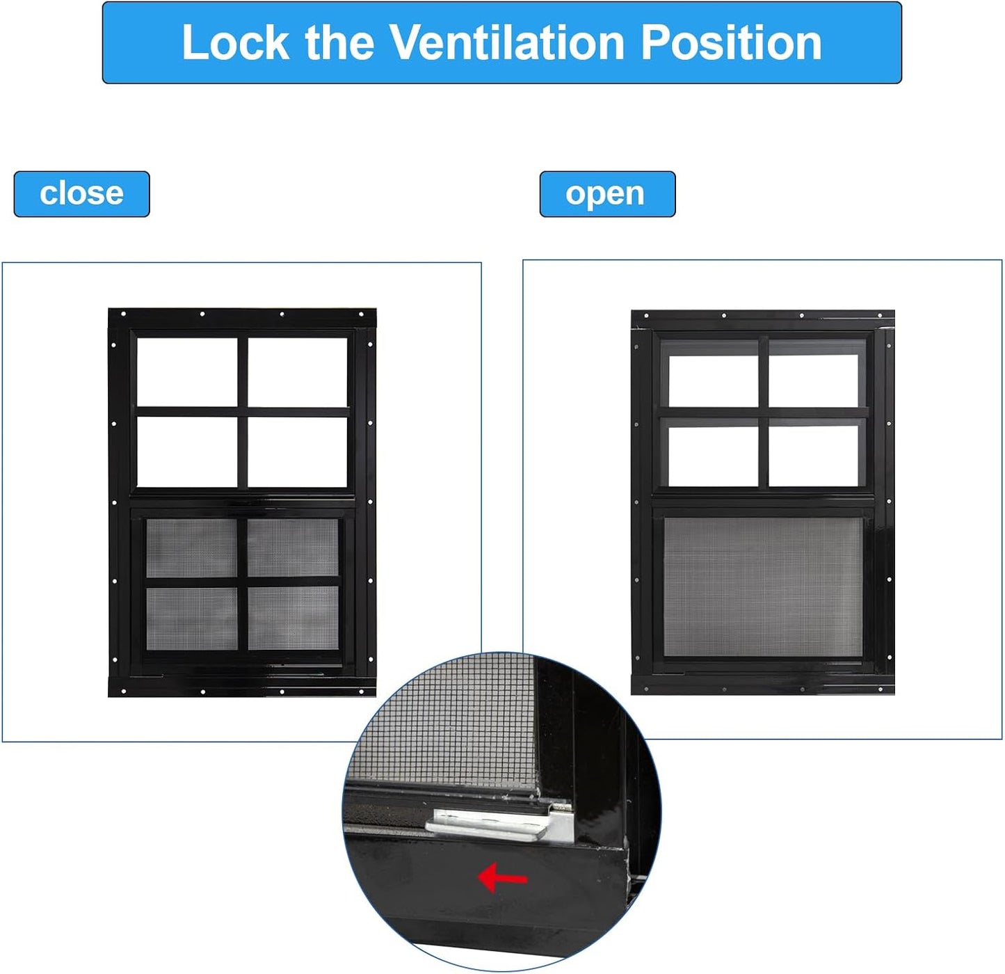NeatiEase Upgraded Shed Windows 2 Pack, 14" x 21" Windows with Tempered Glass and Stainless Steel Screen for Shed, Chicken Coop, Playhouse, Household, Garage(Black)