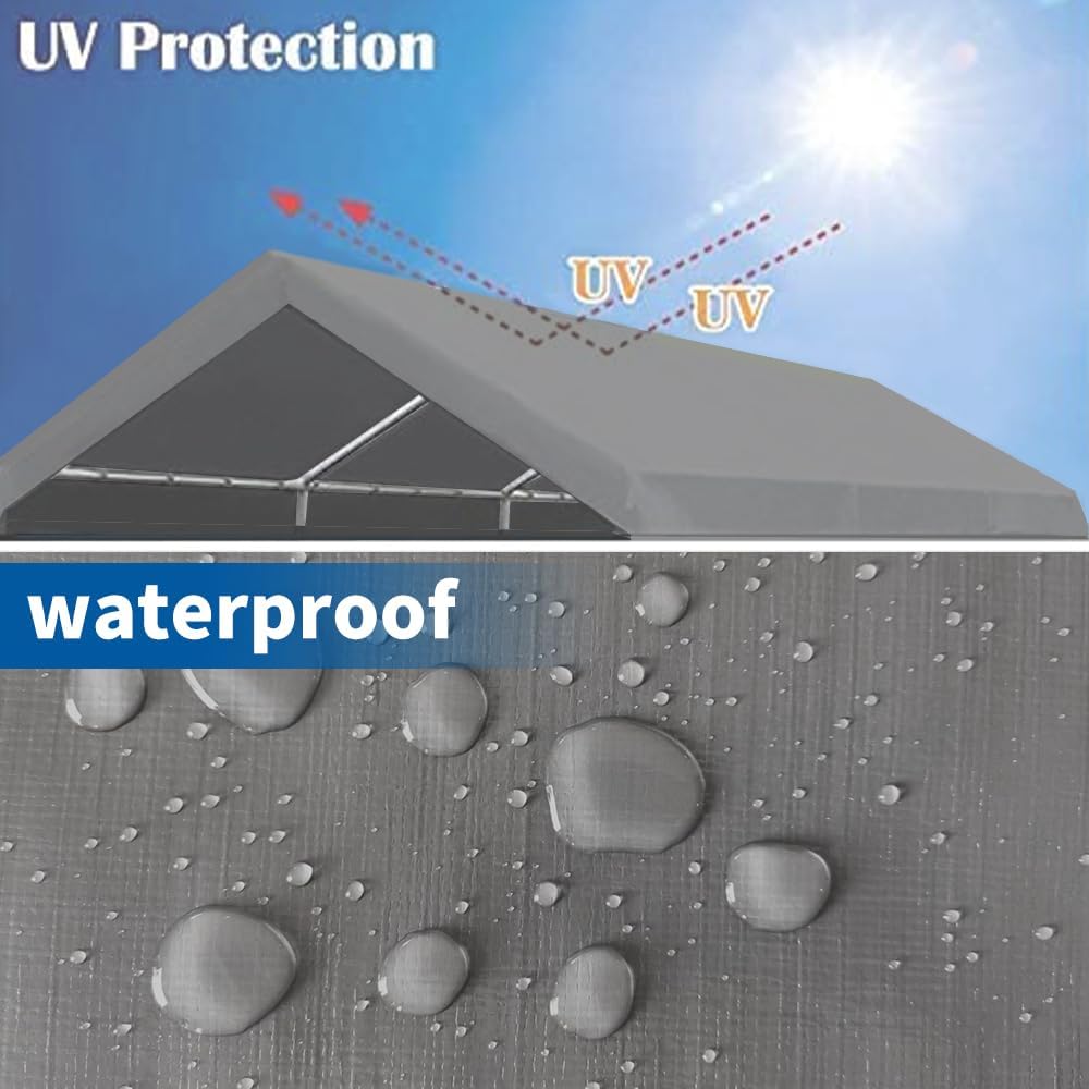 12'x20' Upgraded Carport Replacement Top Canopy Cover for Car Garage Shelter Tent Party Tent with Ball Bungees Grey (Only Top Cover, Frame is not Included)