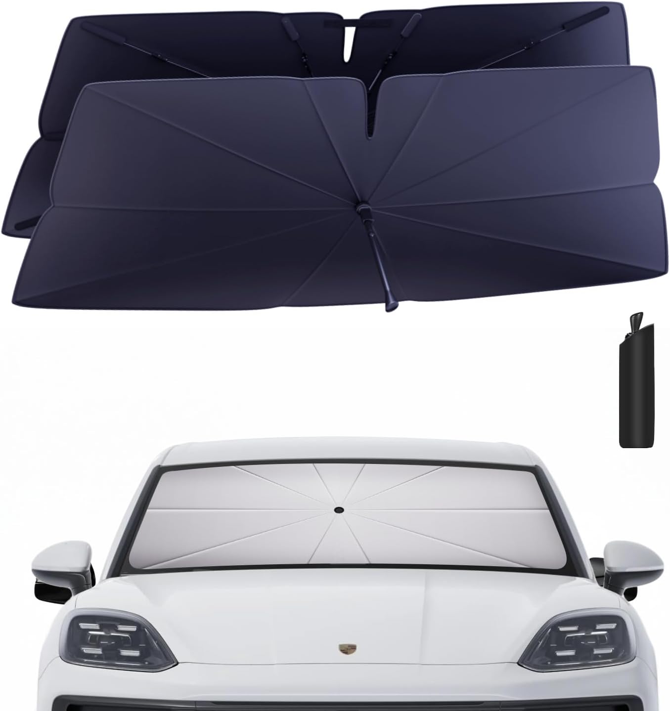 Windshield Sun Shade Umbrella for 2019-2025 Porsche Cayenne Accessories: Custom Fit 240T Silver, Double Thickened Foldable Sunshade Window Sun Visor, Ultimate 99% UV Blocking for Base/S/GTS/Turbo