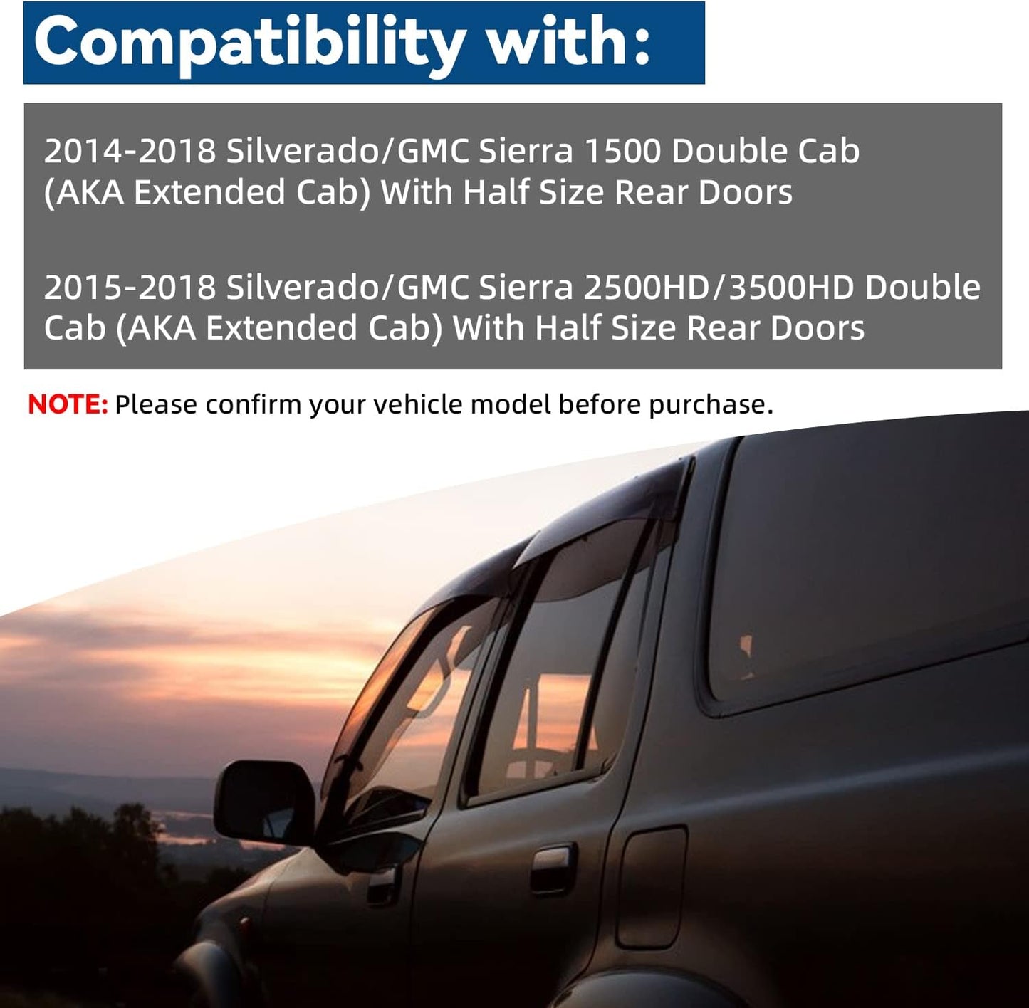 Set of 4 Front+Rear Smoke Sun/Rain Guard Outside Mount Tape-On Acrylic Window Visors Compatible with 14-18 Silverado Sierra 1500 15-18 2500/3500 HD Double/Extended Cab with Half Size Rear Doors