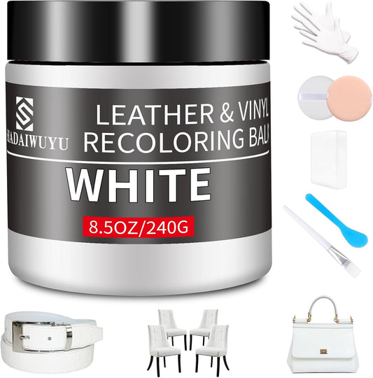 Leather Recoloring Balm,8.5oz Leather Color Restorer,White Leather Repair kit for Furniture and Car Interior,Leather Couch Scratch Repair,Leather Dye Paint for Faded,Cracked and Damaged Leather