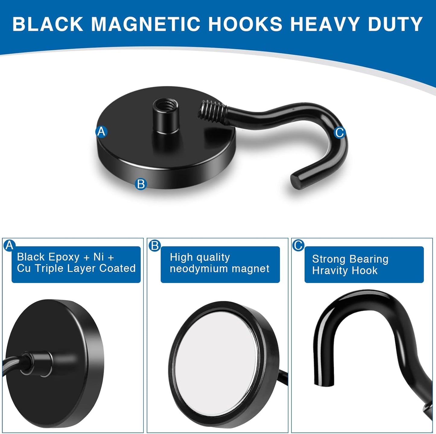 LOVIMAG Magnetic Hooks, 40LBS Black Magnet Hooks Strong Neodymium Magnets with Epoxy Coating, Metal Magnetic Hooks for Refrigerator，Locker Accessories, Cruise, Kitchen, Office, Classroom-6 Pack