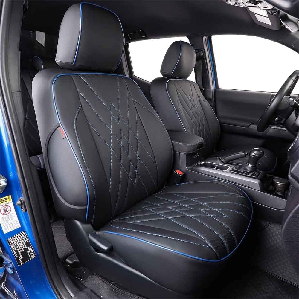 EKR Custom Fit Tacoma Leather Car Seat Covers for Select Toyota Tacoma 2012 2013 2014 2015 (Regular Seats)- Full Set, Leather (Black with Blue Trim)