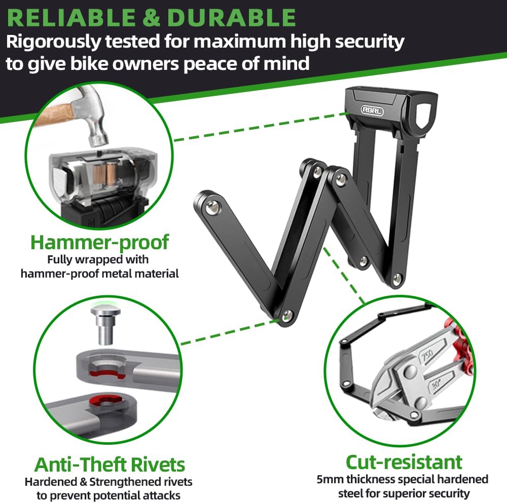 RBRL Folding Bike Lock, 3.6ft Heavy Duty Anti Theft, Hardened Steel 8mm Chain Lock with 4 Keys for Ebikes, Scooters, Motorcycles & MTB