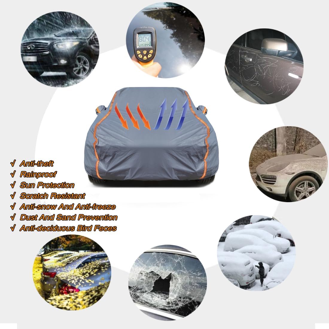 KEYOOG Universal Waterproof Heavy Weight Full Car Covers, Fit SUVs, All Weather, Outdoor Full Cover Weatherproof UV Sun Protection Snow Dust Storm Resistant with PEVA Cotton, Fit Length 198"-208"