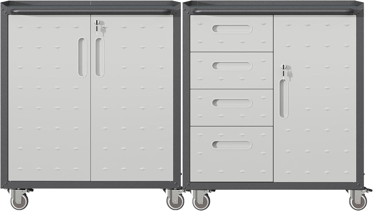 Metal Tool Cabinet,Garage Storage Cabinet System,Wall Cabinet & Locking Rolling Tool Cabinet with Doors and Adjustable Shelves,Steel Tool Cabinets for Home,Office (2 Pcs-Styled, Black & Grey)