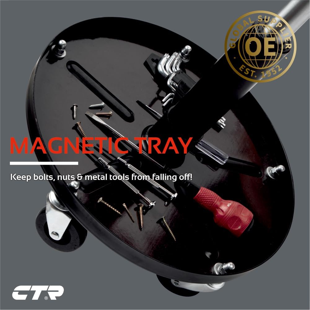 CTR Rolling Mechanic Shop Stool with Magnetic Tool Tray, Heavy Duty Work Stool, Adjustable Garage & Workbench Stool with Wheels, Creeper Seat Shop Chair