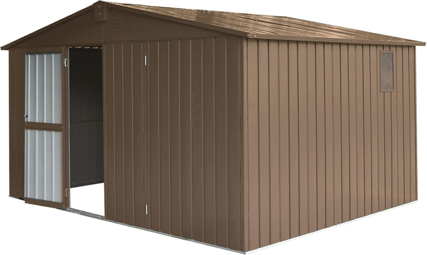 IKERY Large Galvanized Steel Storage Shed - 11' x 9' with Windows and Lockable Door, Outdoor Garden and Utility Tool Shed for Backyard and Patio, Brown