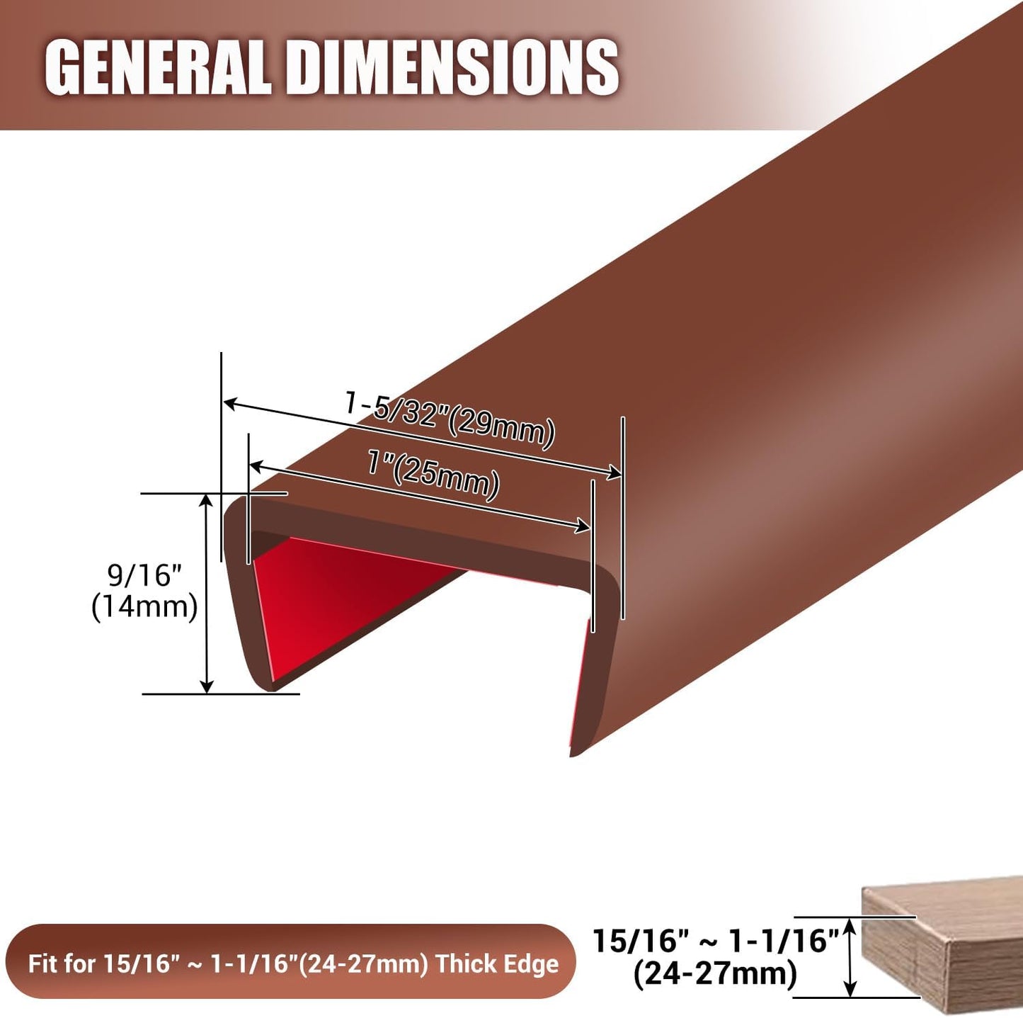 Rubber Edge Trim, Flexible Self Adhesive U Shaped Edge Banding, 1"(25.4mm) U Channel Furniture(Cabinet, Drawer, Desk, Table, Counter Top) Edge Protector, Edge Guards for Woods, 20Ft, Brown