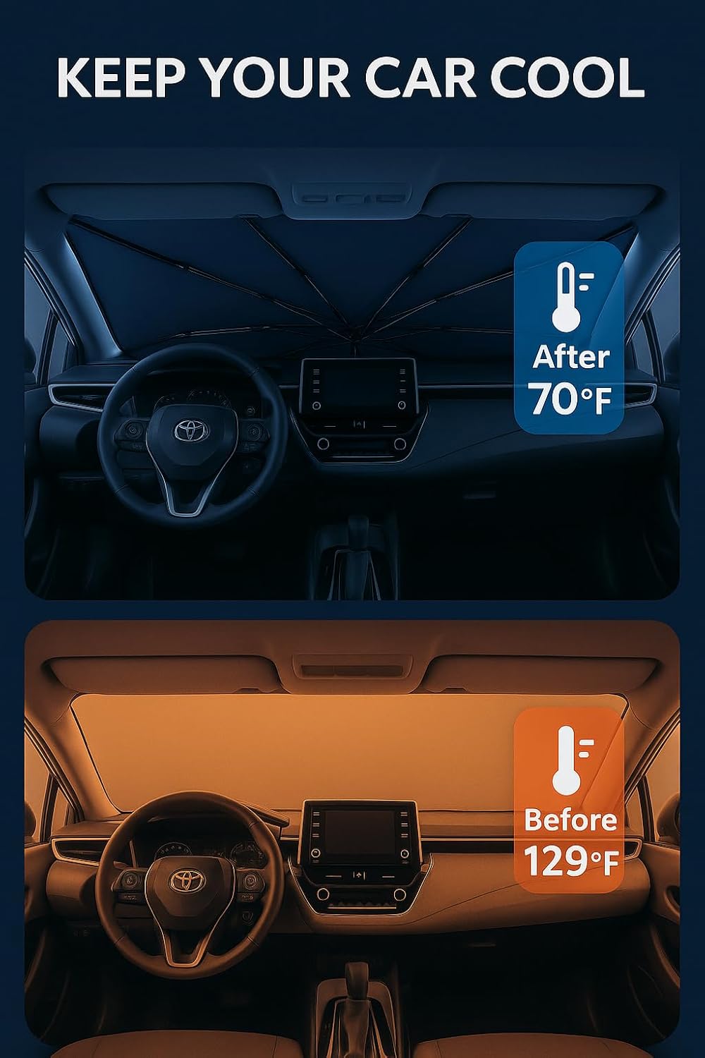 Proadsy Windshield Sun Shade Umbrella for Toyota Corolla 2019-2025 Foldable Car Umbrella Sunshade with Soft TPU Handle Spring Structure Crystal Cooling Material Protect Car from Rays & Heat