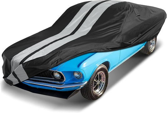 iCarCover Custom Car Cover for 1969-1973 Ford Mustang Waterproof All Weather Rain Snow UV Sun Protector Full Exterior Indoor Outdoor Car Cover (Stripe - Black/Gray)
