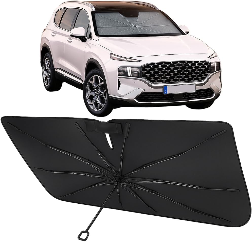 Proadsy Windshield Sun Shade Umbrella for Hyundai Santa Fe 2019-2023 Foldable Car Umbrella Sunshade with Soft TPU Handle Spring Structure Crystal Cooling Material Protect Car from Rays & Heat