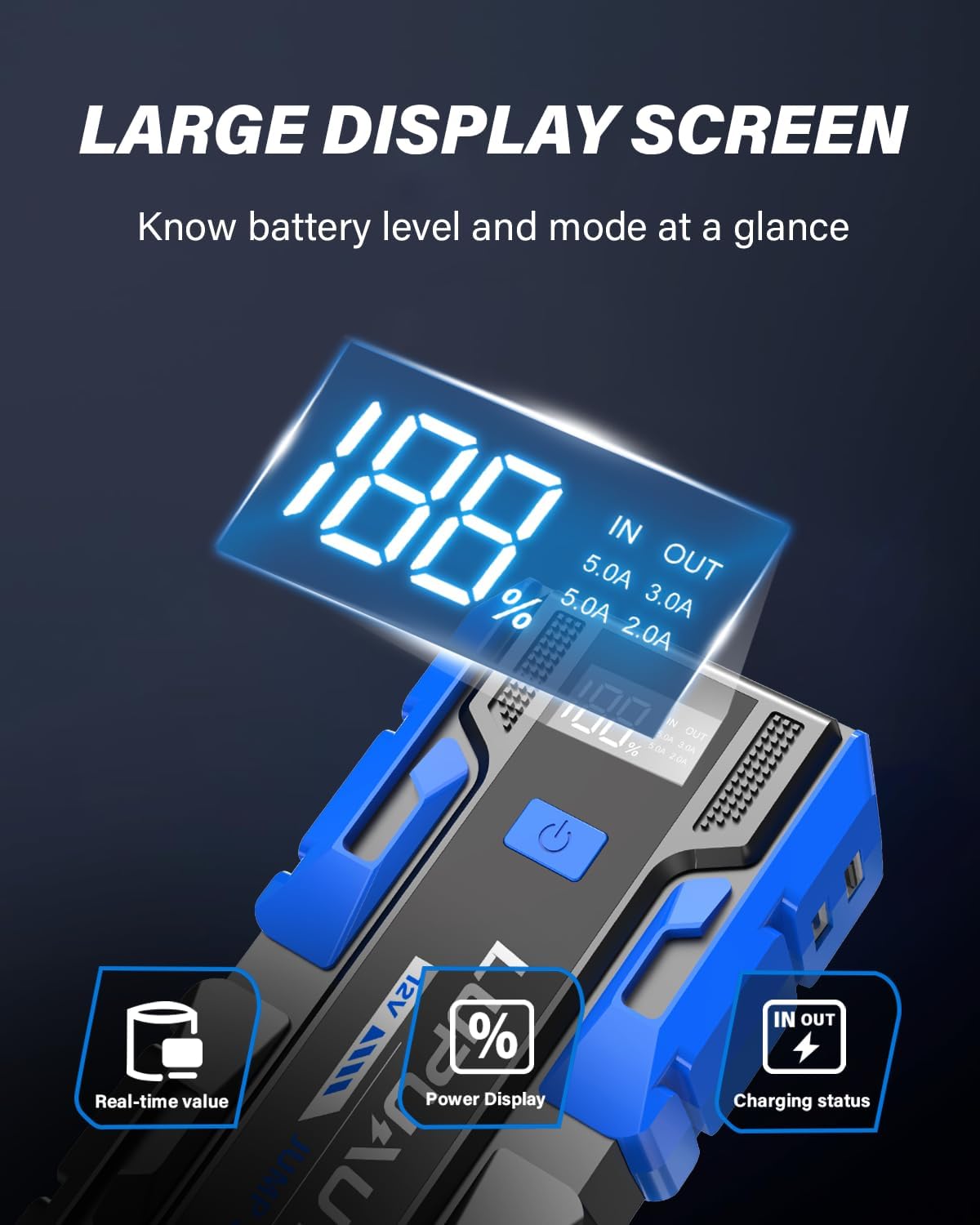 3000A Jump Starter, Portable Car Battery Jump Starter for Up to 9.0L Gas & 7.0L Diesel Engines, Car Battery Booster Pack with Built-in LED Light