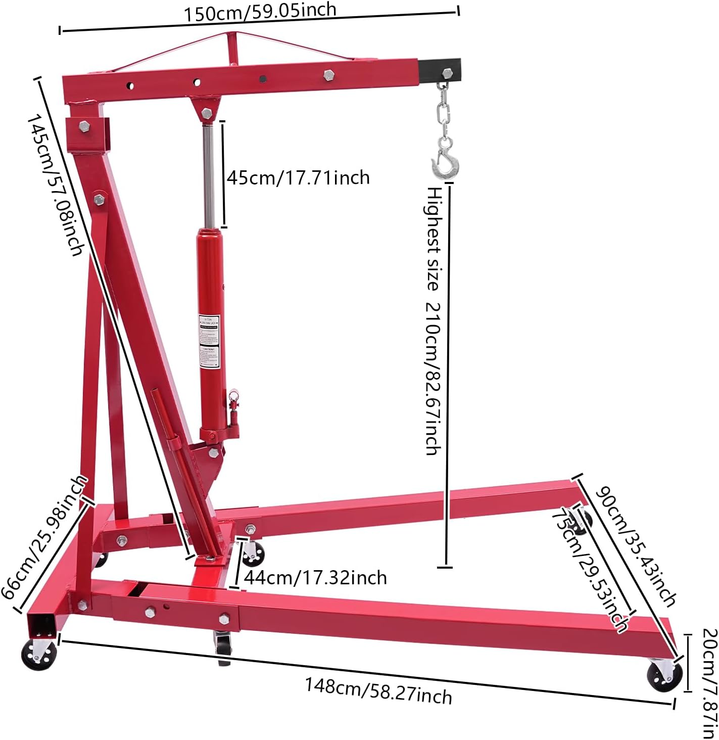 Folding Engine Hoist 2 Ton Engine Crane Lift with 6 Caster Wheels 4400LBS Steel Hydraulic Engine Crane 4 Adjustable Positions for Car Fixing Workshops Garages Warehouse(Sent in 2 Packages) (Red 1T)