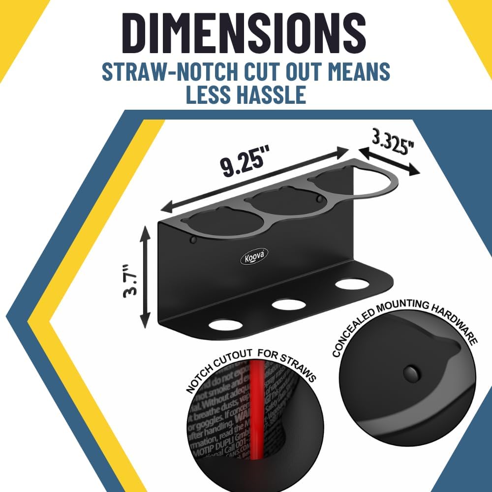 Koova 3 Aerosol Spray Can Holder | Easy Install Wall Mount | Heavy-Duty Powder Coated Steel Storage Rack for Garage & Home | Craft Workspace Paint Bottle Organizer | Hardware Included | USA Made