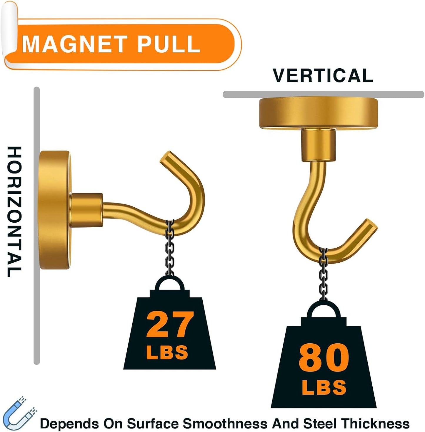 MIKEDE Magnetic Hooks, 80LB Heavy Duty Magnets with Hook for Fridge, Super Strong Magnets Neodymium Extra Strength Industrial Hooks for Hanging, Toolbox, Cruise(Yellow, 4 Pack)