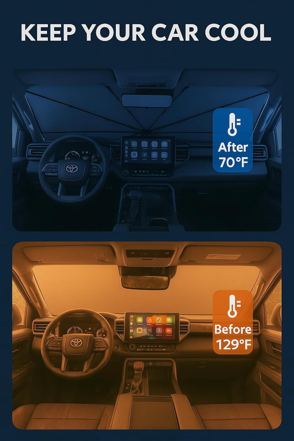 Proadsy Windshield Sun Shade Umbrella for Toyota Sequoia 2023-2025 2026 Foldable Car Umbrella Sunshade with Soft TPU Handle Spring Structure Crystal Cooling Material Protect Car from Rays & Heat