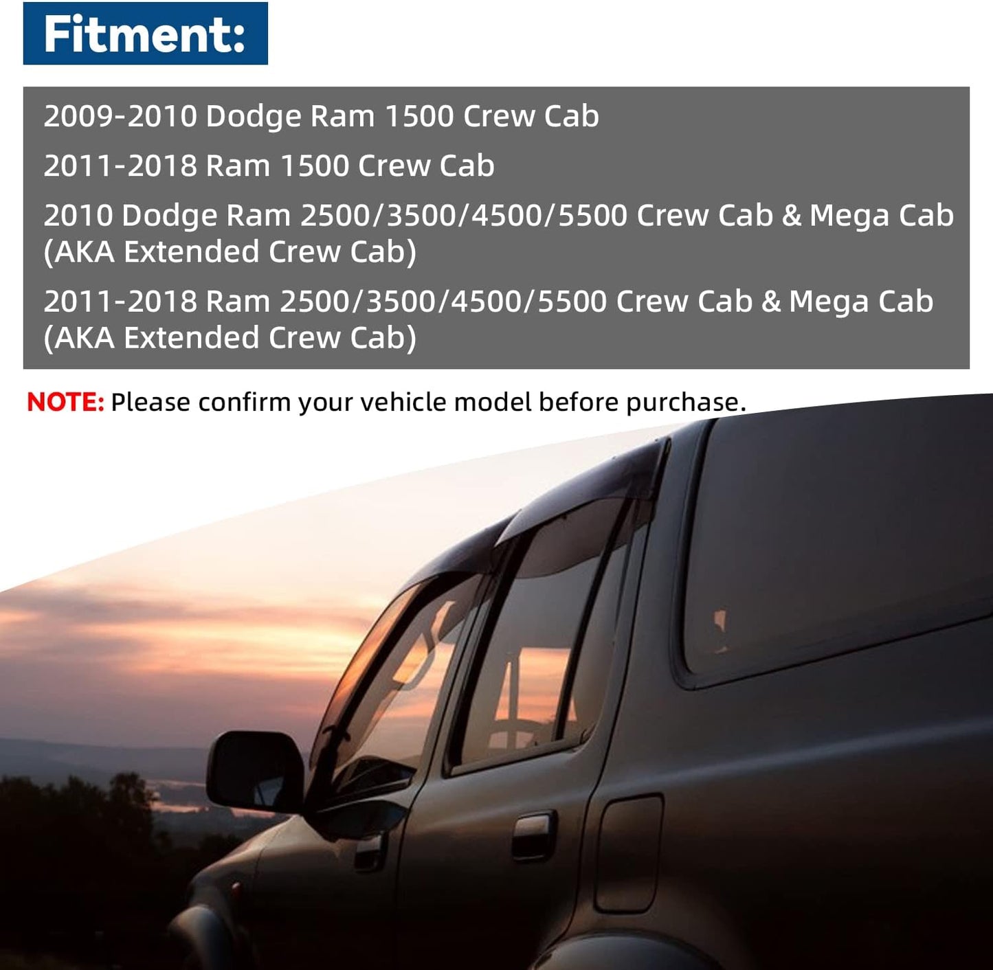 Set of 4 Window Visors Compatible with Ram 2009-2018 1500 2010-2018 2500/3500/4500/5500 Crew & Mega Cab with 4 Full Size DoorFront+Rear Smoke Sun/Rain Guard Outside Mount Tape-On Acrylic