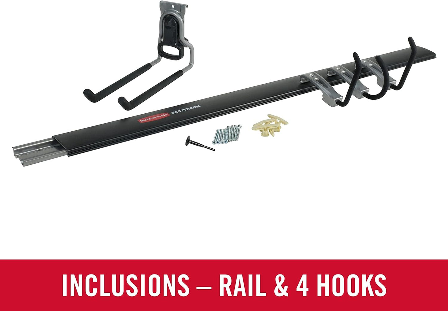 Rubbermaid FastTrack Garage Storage Utility Hooks 5 Piece Black All in One Rail Hook Kit and Tool Organizer Heavy Duty for Home/Garage/Shed/Garden