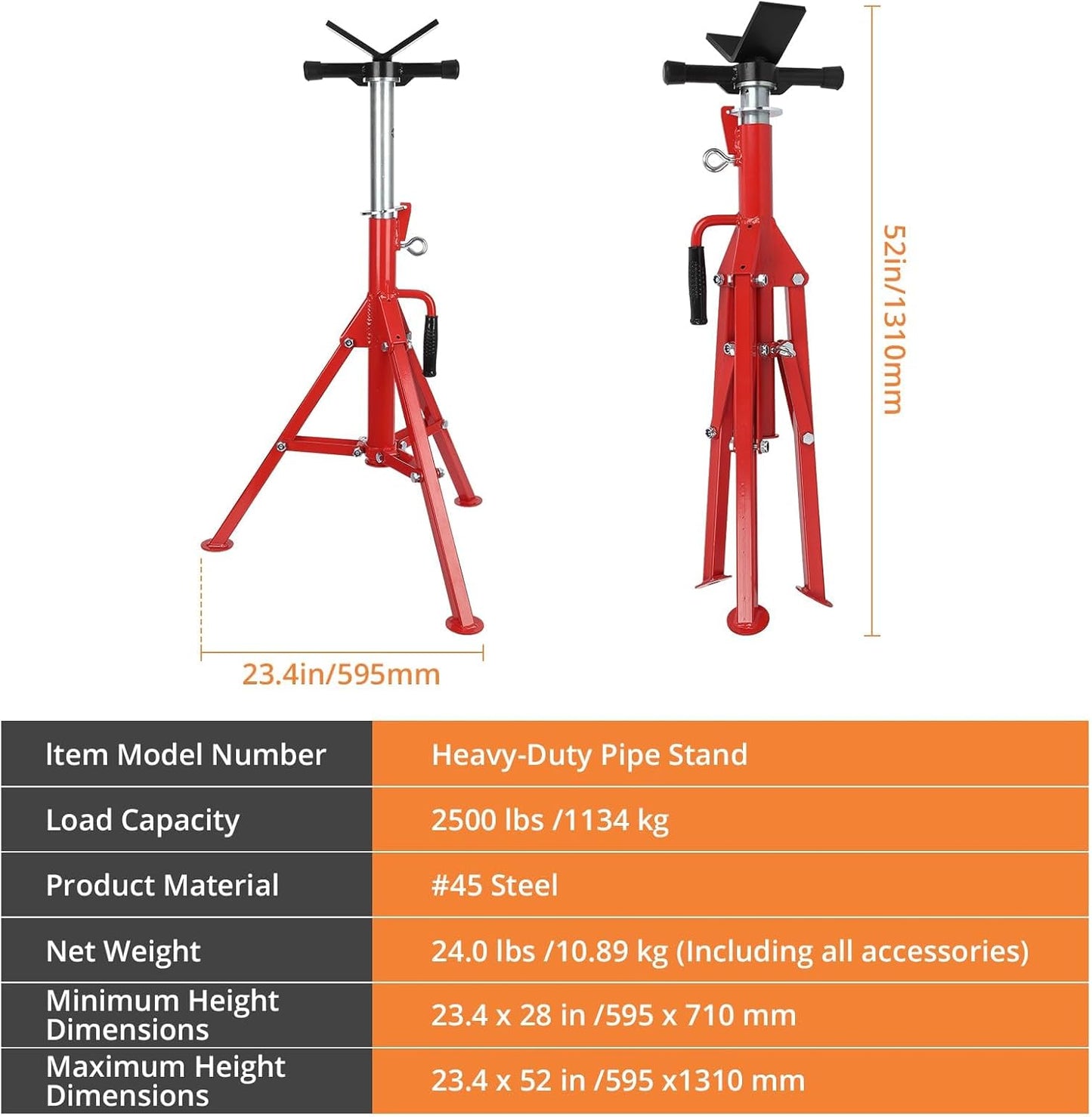 V-Head Pipe Jack Stand, 2500 Lbs Heavy-Duty Steel Pipe Stand with Adjustable Height 28"-52", Folding Design & Secure V-Head Support for Welding, Automotive & Construction Projects, Red