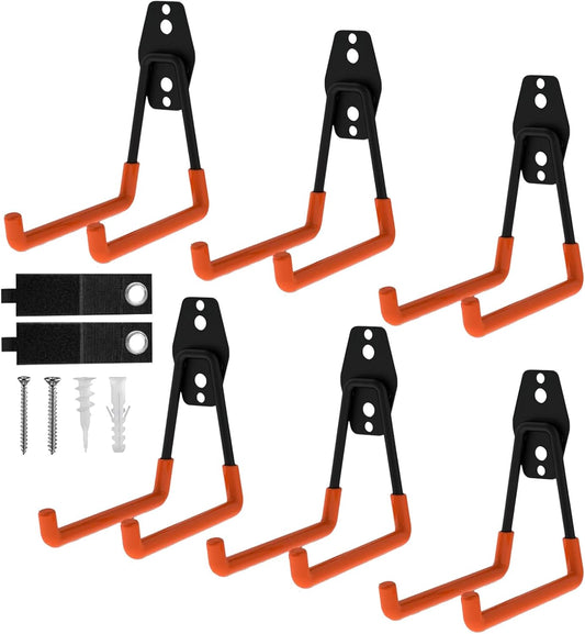 Garage Hooks, 6 Pack Medium Square Wall Hooks for Hanging Heavy Duty Ladders, Bikes, Tools Ideal for Garage, Garden, Basement Utility Room Storage (Orange)