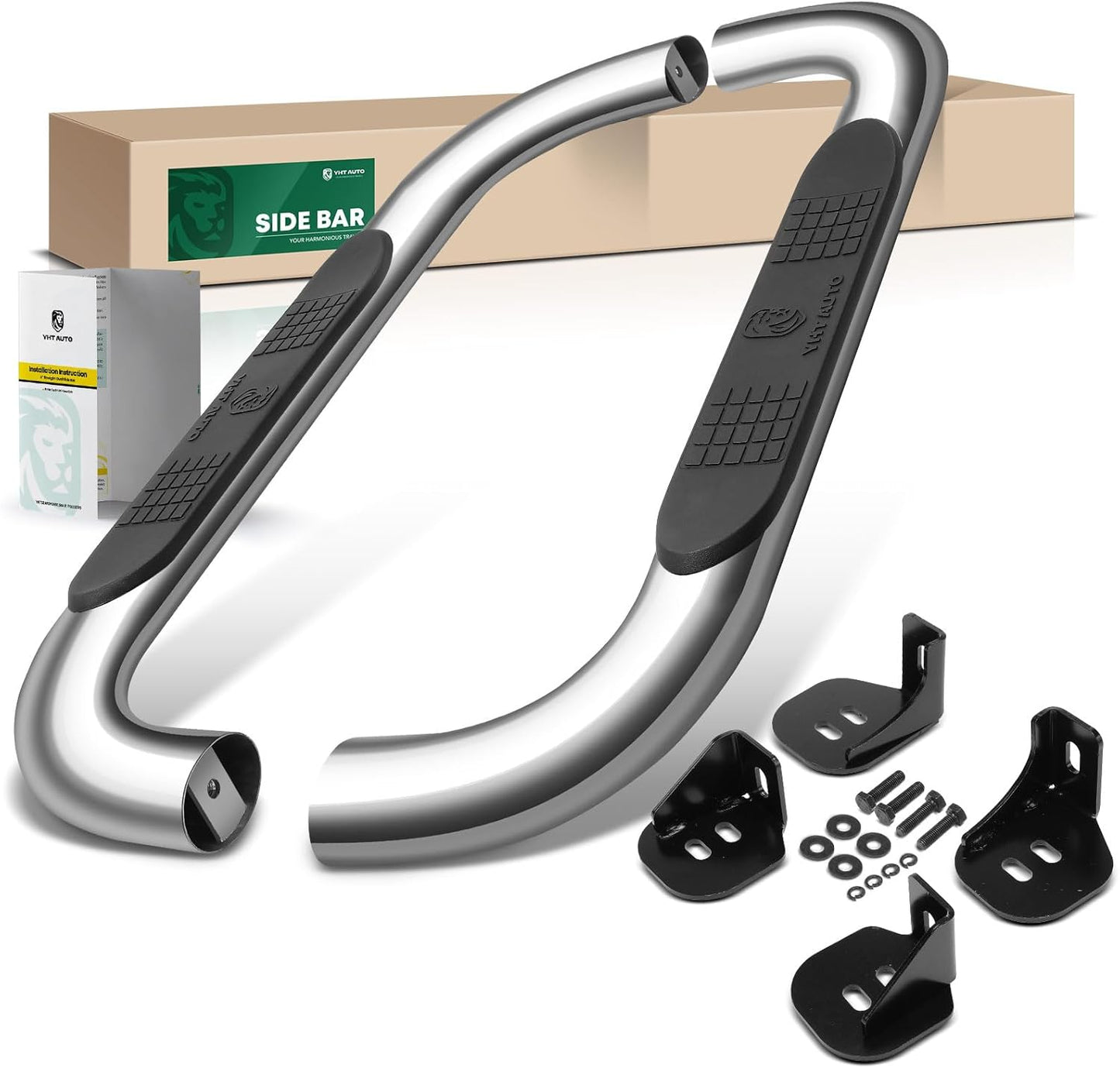 YHTAUTO 4 Inch Running Boards Side Steps Compatible with Chevy & GMC Models - Silverado, Sierra 1500/2500 HD/3500 HD 1999-2018, Standard/Regular Cab, Oval 90° Bent Ends Stainless Steel Polished Chrome