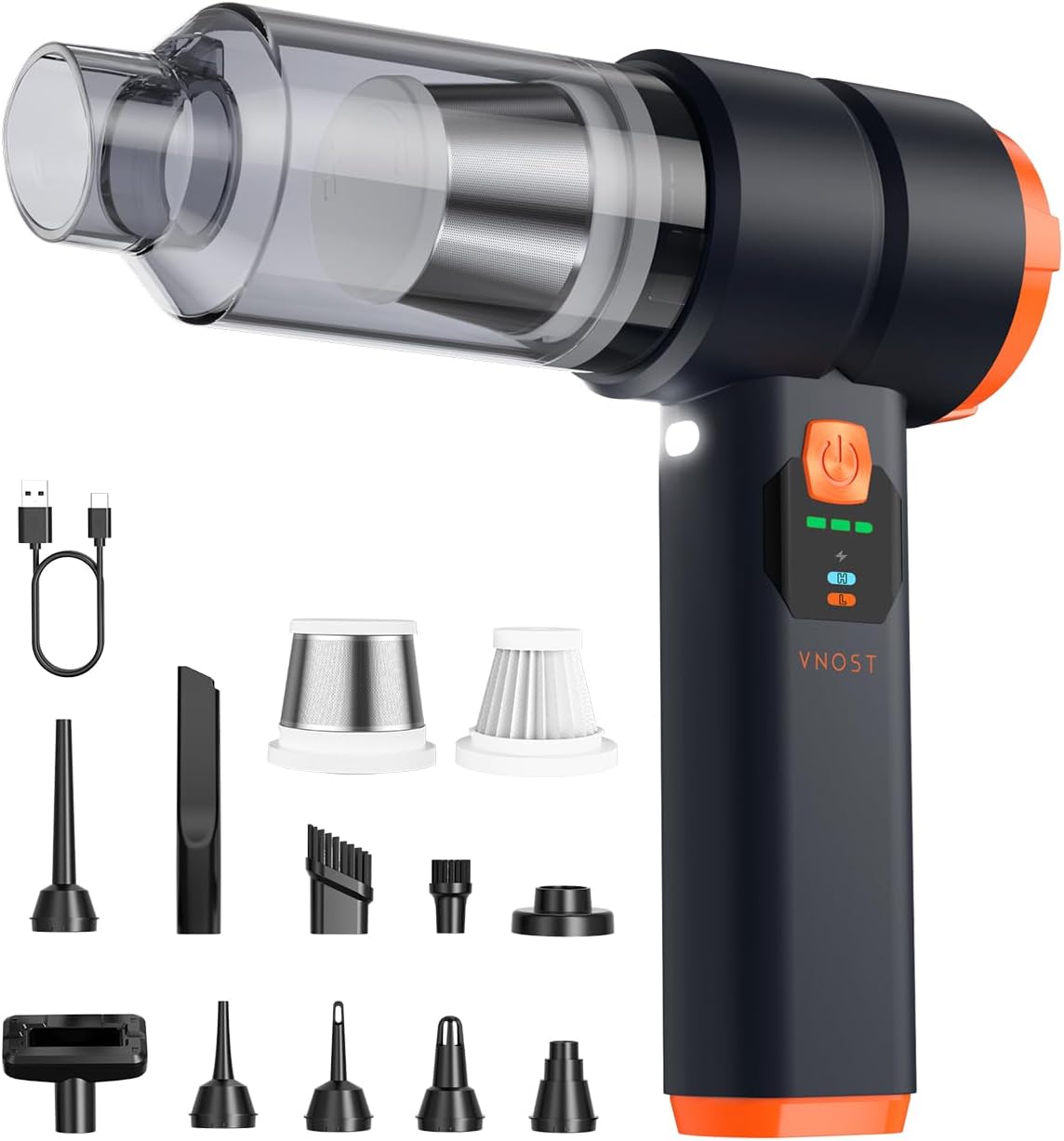 Car Vacuum Portable Cordless, Handheld Vacuum Cordless with 30000PA Suction, 130000RPM, 6800mAh Battery, 10 Nozzles, Rubber Paint Material for Car, Home, Pet Cleaning（Black Orange）