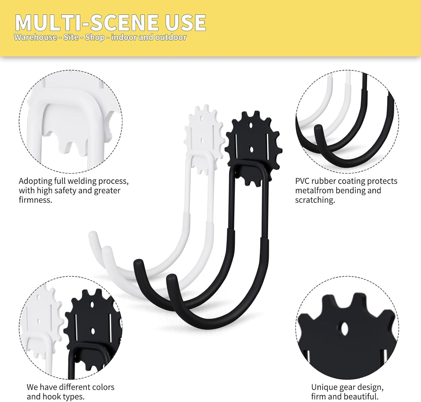 Garage Hooks Black & White 12 Pack, Heavy Duty Steel Tool Storage Utility Hook Organizing Power Tools, Wall Mount Holder for Bike, Ladder and Garden Chairs