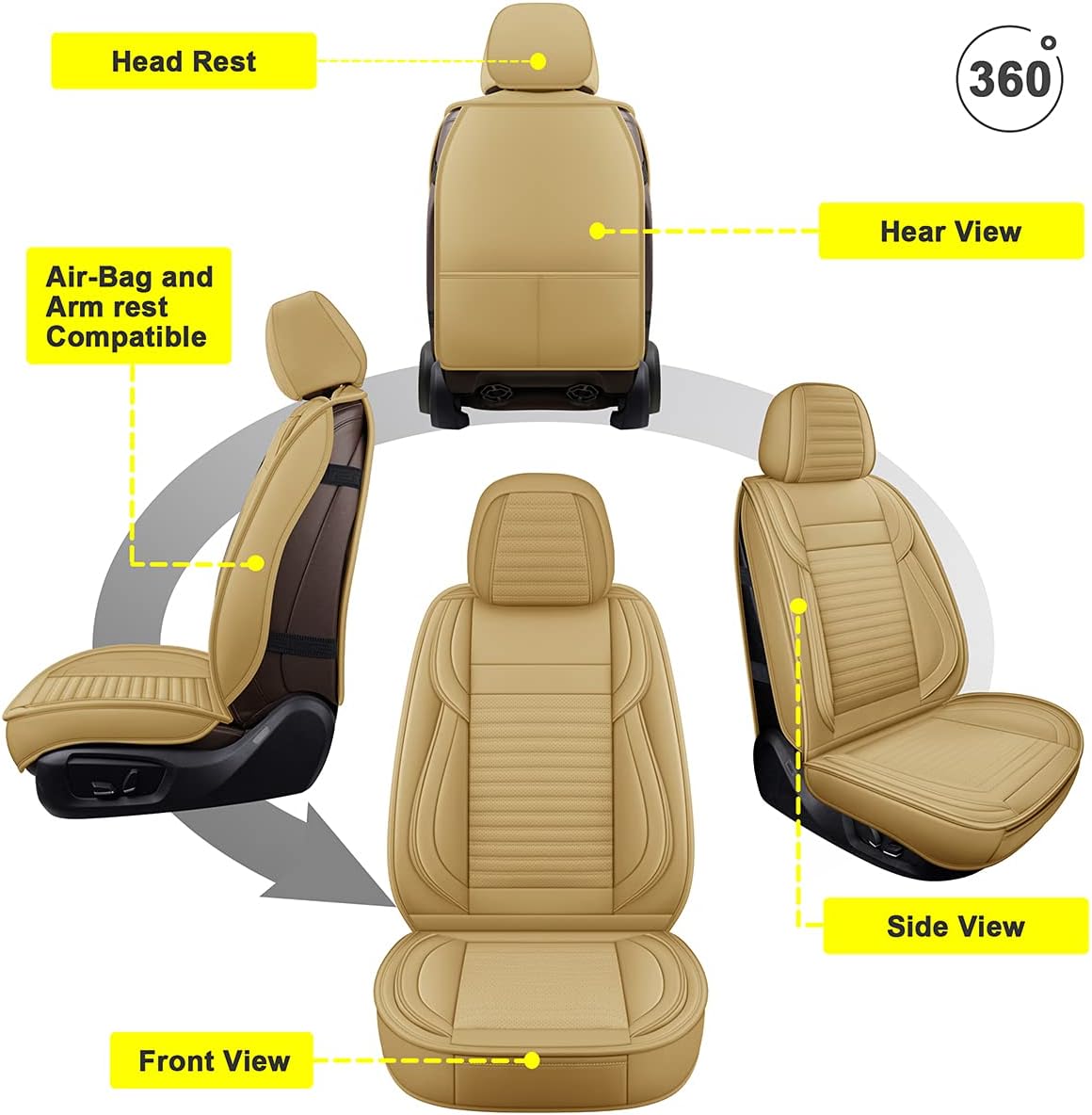 LINGVIDO Car Seat Covers, Breathable and Waterproof Faux Leather Automotive Seat Covers for Cars SUV Pick-up Truck Sedan,Universal Anti-Slip Driver Seat Cover with Backrest (Full Seat, Beige)